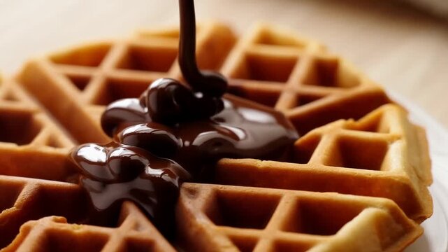 Slow motion tilt and zoom of chocolate sauce pouring onto golden waffle on plate in kitchen breakfast setting