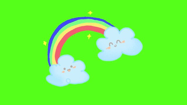 Animated kawaii rainbows with smiling clouds floating against a bright green screen background with cartoon rainbows connected sparkling against vibrant video three animated illustration animation