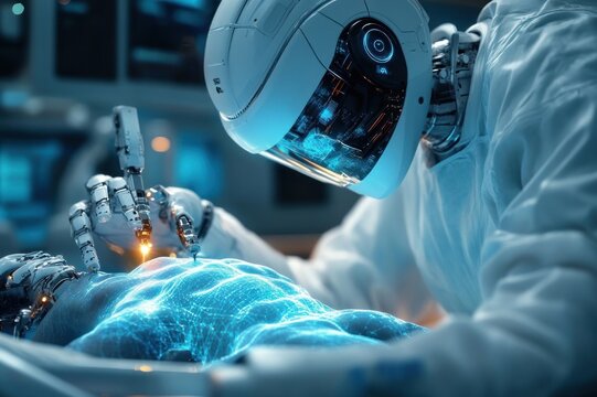 humanoid surgical robot in a sterile operating room delicately operating on a glowing holographic brain with robotic hands and a precision tool, focused and clinical atmosphere