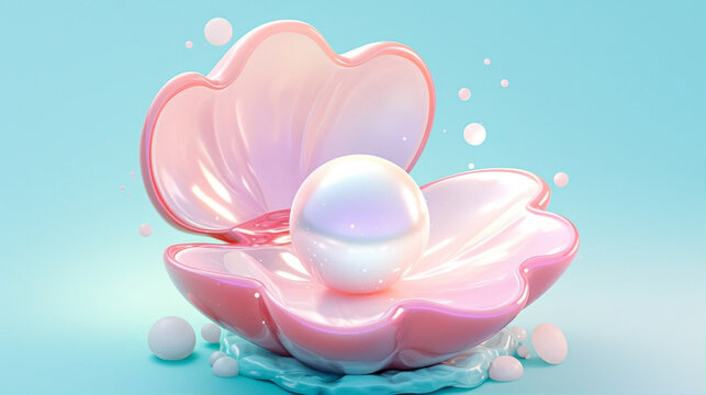 Luminous white pearl inside an open pink seashell on a light blue background with floating bubbles 3D render style