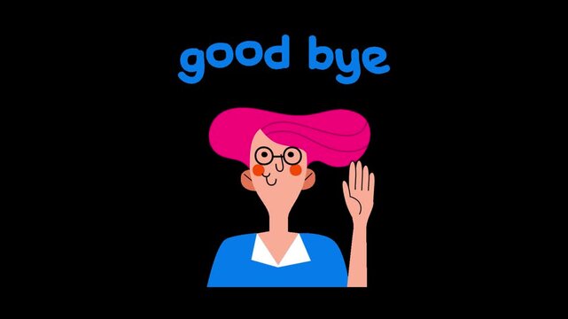 Animated flat vector character waving goodbye gesture against simple black background for digital communication purposes with stylized cartoon character character bright pink hand friendly goodbye