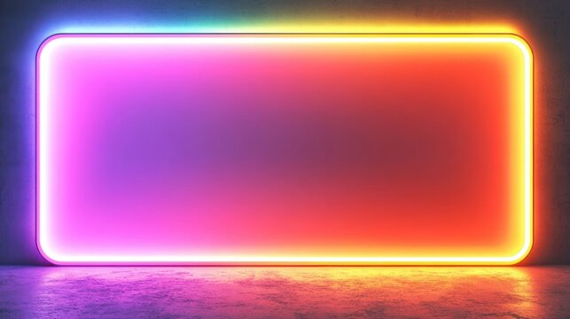 vibrant glowing rounded neon rectangle frame with purple to orange gradient on concrete wall and reflective floor, futuristic energetic atmosphere