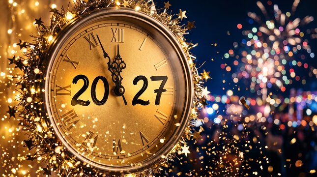 Happy new year 2027 gold vintage clock at midnight, fireworks, stars, golden snow, celebration party, winter night sky, resolution poster template