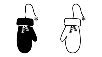 Obraz premium Winter Mittens: A pair of cozy winter mittens, one in solid black and the other outlined in white, adorned with a festive pine sprig and snowflake charm, perfect for the cold season.