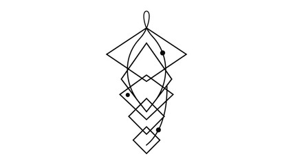 Obraz premium Abstract Geometric Mobile Design: A delicate line art illustration depicts a mobile-like structure composed of interconnected rhombuses and ellipses, featuring small dots as accents.