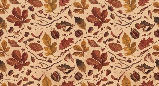 Seamless pattern with autumn leaves, acorns, and chestnuts on a beige background