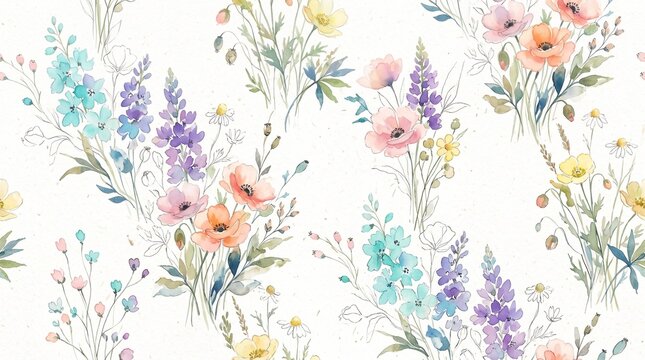 Watercolor seamless pattern with delicate wildflowers and floral bouquets isolated on white background