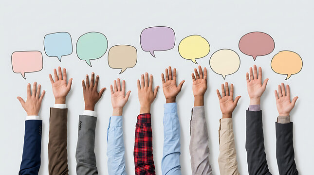 Row of multi-ethnic raised hands reaching for colorful blank speech bubbles on light grey background.