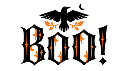 Naklejka premium Spooky halloween typography featuring a raven and the word 'boo ' in a decorative style