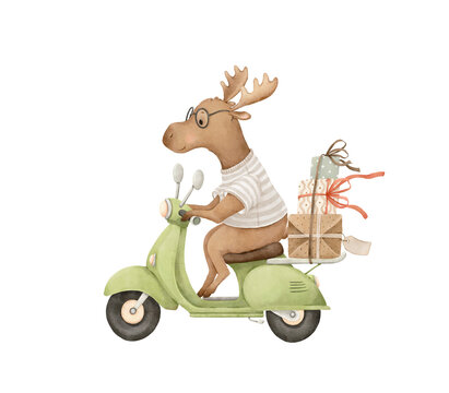 Moose on green scooter carries gifts, cute watercolor isolated illustration for kids print, childish wallpapers, decoration holiday, cards, sticker or poster. Hand drawn cartoon adorable character.