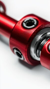 macro close-up of red anodized metal shaft and coupling with hex socket screws and silver bearing ring, polished precision and sleek industrial aesthetic