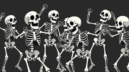 Fototapeta premium Cartoon skeletons dance and party together on a grey background. The animated bone characters are joyful and expressive, interacting in a lively group formation.