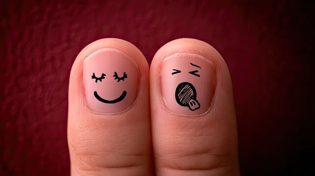 Thumbnails with hand‑drawn facial expressions, smiling and yawning cartoon faces, creative finger close‑up, humour emotion contrast concept graphic