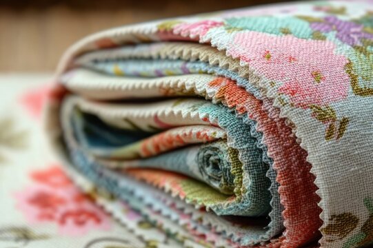 rolled stack of pastel floral fabric swatches with zigzag pinked edges, textured cotton linen close-up, cozy nostalgic sewing craft