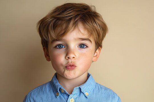 young child with obscured pixelated face wearing blue button-up shirt against beige background, calm neutral pose