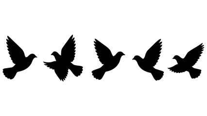 Fototapeta premium Set of Five Black Silhouette Doves Flying in Line Modern Minimalist Vector Icons for Peace Symbols, Logo Design, Posters, and Branding
