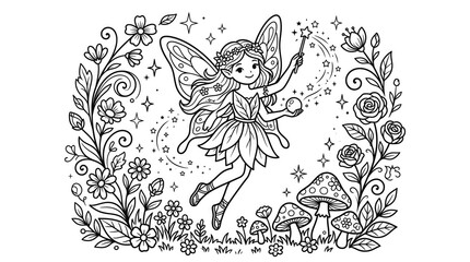 Whimsical fairy flying in floral garden frame line art vector illustration black white fantasy coloring page design © Mdsiam