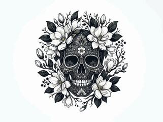 Fototapeta premium Intricate black and white illustration of a decorated sugar skull surrounded by blooming magnolia flowers.