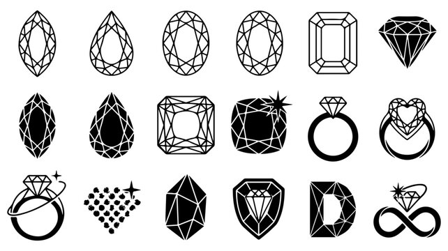 Diamond gemstone icons set, 18 jewelry vector silhouettes, black crystal shapes and engagement ring symbols for luxury branding