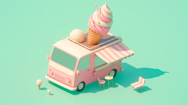 Isometric 3D rendering of a pink ice cream truck with giant soft serve cone on a mint green background