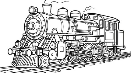 Classic vintage steam locomotive train on tracks line art vector illustration black white transportation coloring page design © Mdsiam