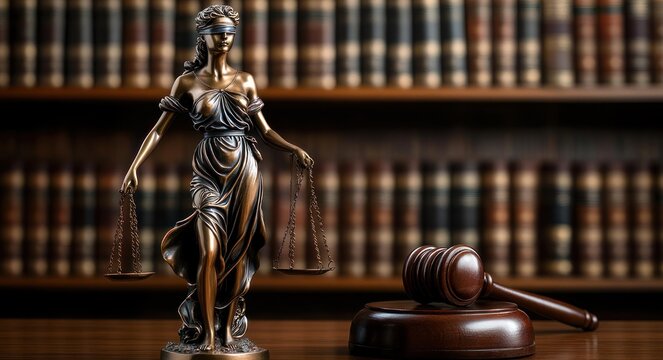 Blindfolded bronze justice statue holding scales beside wooden gavel and stacked law books on shelves, solemn authoritative courtroom atmosphere