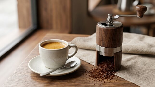 Freshly brewed coffee and a vintage manual grinder on a rustic wooden surface