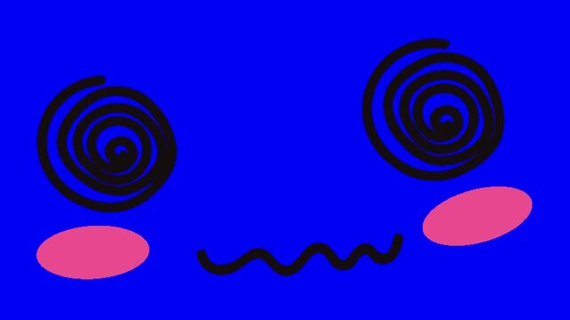 Dizzy kawaii emoticon faces pattern featuring spinning spiral eyes and pink blushing cheeks on blue with video repeating pattern cheeks against vibrant solid blue background illustration abstract