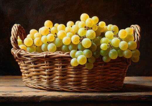 golden-green grapes overflowing a woven wicker basket on a weathered wooden table, bathed in warm soft light against a dark backdrop, evoking a calm rustic still life