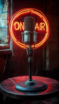 Vintage microphone on metal stand on a textured round table with visible cable, framed by a glowing red circular on air neon sign in a moody studio, anticipation and focus