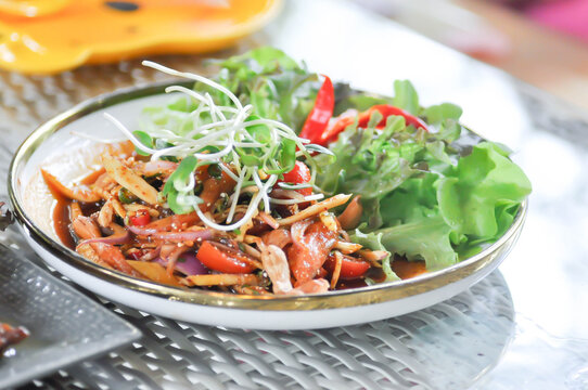 salmon salad, spicy salmon salad or spicy salad or spicy seafood salad with cashew and sunflower sprout
