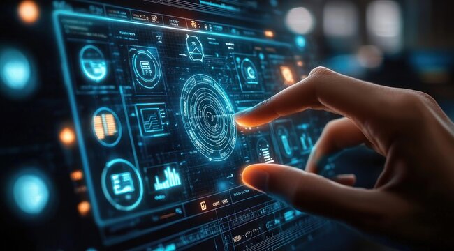 hand interacting with glowing blue futuristic touchscreen interface showing circular data hud, graphs, icons and orange accents conveying focused precision and high-tech control