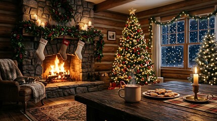 Obraz premium Cozy christmas living room with a decorated tree, fireplace, stockings, and cookies on a wooden table in a rustic log cabin setting