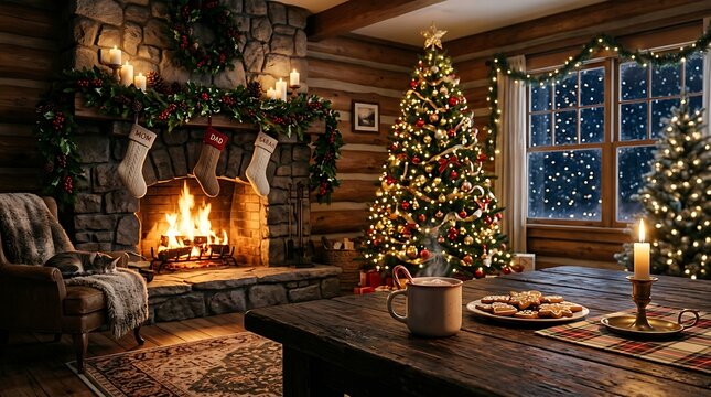 Cozy christmas living room with a decorated tree, fireplace, stockings, and cookies on a wooden table in a rustic log cabin setting