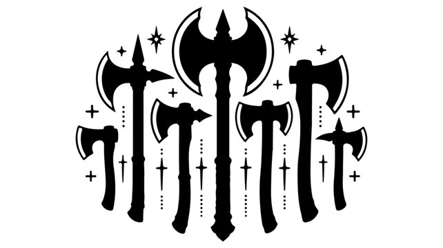 Medieval battle axe silhouettes with mystical stars, fantasy viking weapon collection, black and white warrior hatchet vector icons