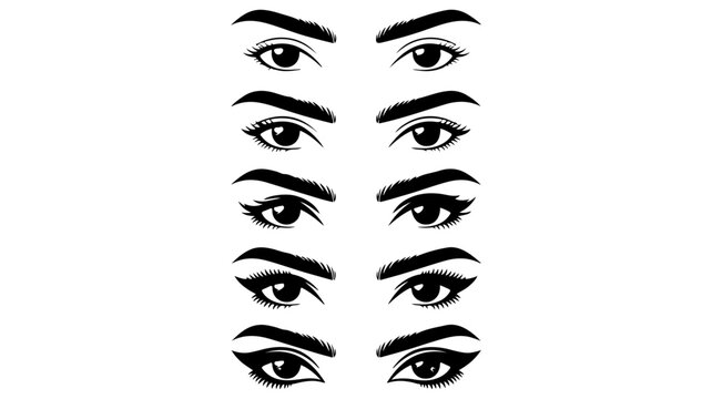 Minimalist female eye vector set, black eyeliner and eyebrow shapes, beauty salon lash and brow icons, 5 pairs of eyes