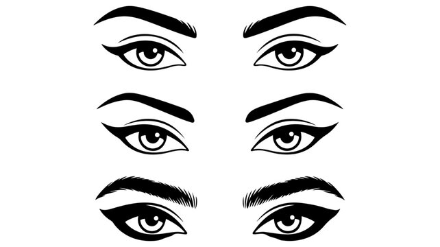 Minimalist female eyes vector set, black eyeliner and eyebrow shapes, beauty salon lash and brow icons, 3 pairs of eyes