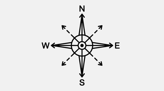 Compass rose illustration with cardinal directions north south east west arrows on light background