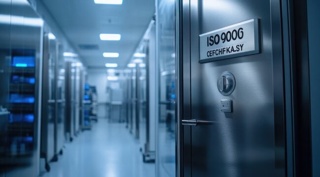 blue-lit sterile data center corridor with server racks and a locked stainless door displaying a quality management sign, cool clinical atmosphere