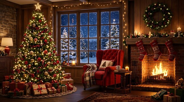 Cozy christmas living room interior with a decorated tree, fireplace with stockings, and a comfortable armchair by a snowy window at night