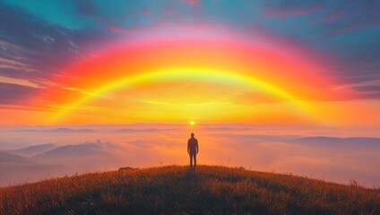 Naklejka premium Solitary figure on a grassy hilltop watching a glowing rainbow arch over misty valleys at sunrise, a peaceful scene of awe and contemplation
