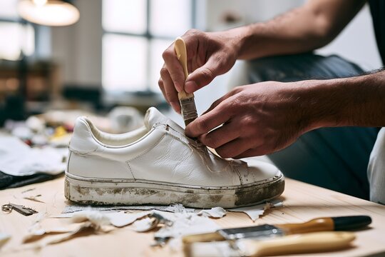 Handwerker restauriert einen gebrauchten wei&szlig;en Sneaker mit Werkzeug