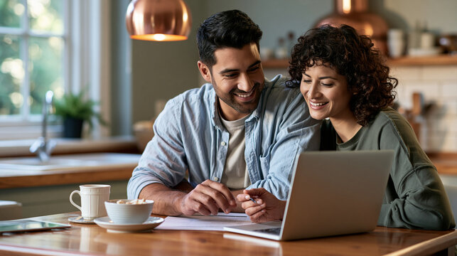 Couple smiling over debt free plan at dining table showcasing financial wellness emotional relief and positive household money future