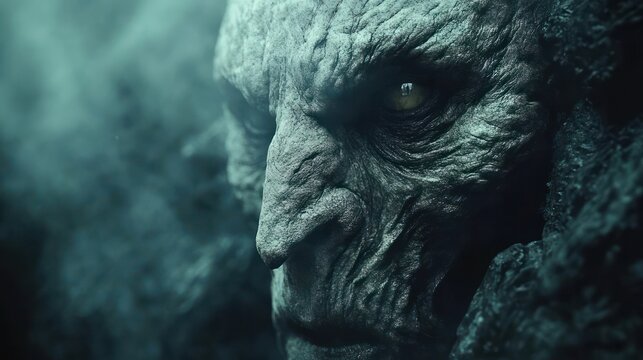 close-up of a weathered monstrous humanoid face with cracked gray-green skin and a piercing yellow eye, exuding menace and brooding intensity