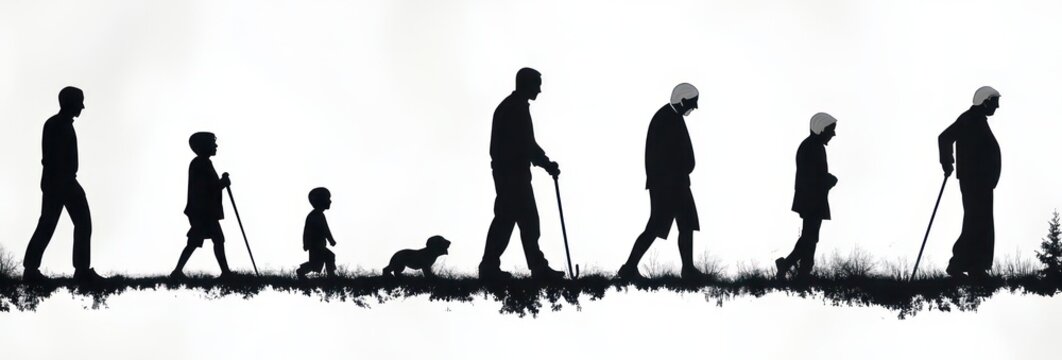 silhouettes of figures from child to elderly walking across grassy ground, conveying a contemplative passage of life