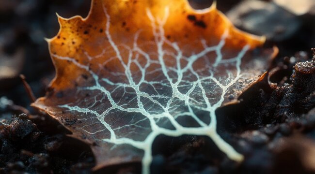 close-up of a decaying brown leaf on dark moist soil covered by a pale branching slime mold network, delicate vein-like filaments creating an intriguing mysterious pattern