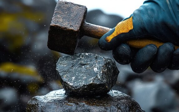 gloved hand driving a rusty sledgehammer into a wet rock on a stone block, gritty fragments and water droplets flying, a tense moment of focused strength and force