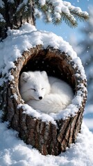 Naklejka premium Arctic fox slepic in a snow covered tree hollow during cold winter day. White fur animal rests peacefully in natural snowy habitat, camouflaged against white landscape, safe from frost.