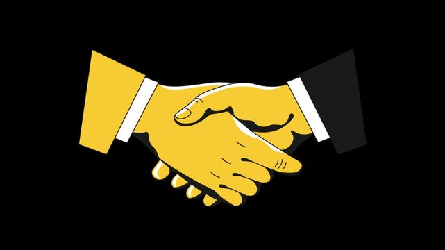 Minimalist graphic illustration featuring two pairs of yellow hands engaged in a professional business handshake with repeating graphic animation video displays repeating background clean vector