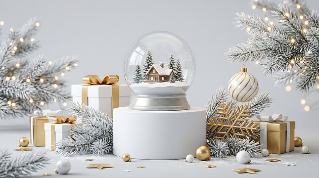 Christmas composition with a snow globe, gift boxes, and festive decorations on a light background